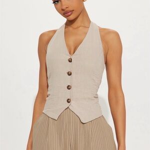 Beige Halter Button-Up Halter Top